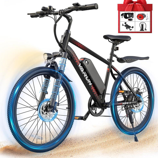 VARUN Electric Bike for Adults- 500W Peak Motor, 24/26" All-Terrain E-Bike, Up to 40 Miles & 20 MPH, Removable Battery, 7-Speed, Front Suspension, Dual Disc Brakes, with Free Accessory Pack