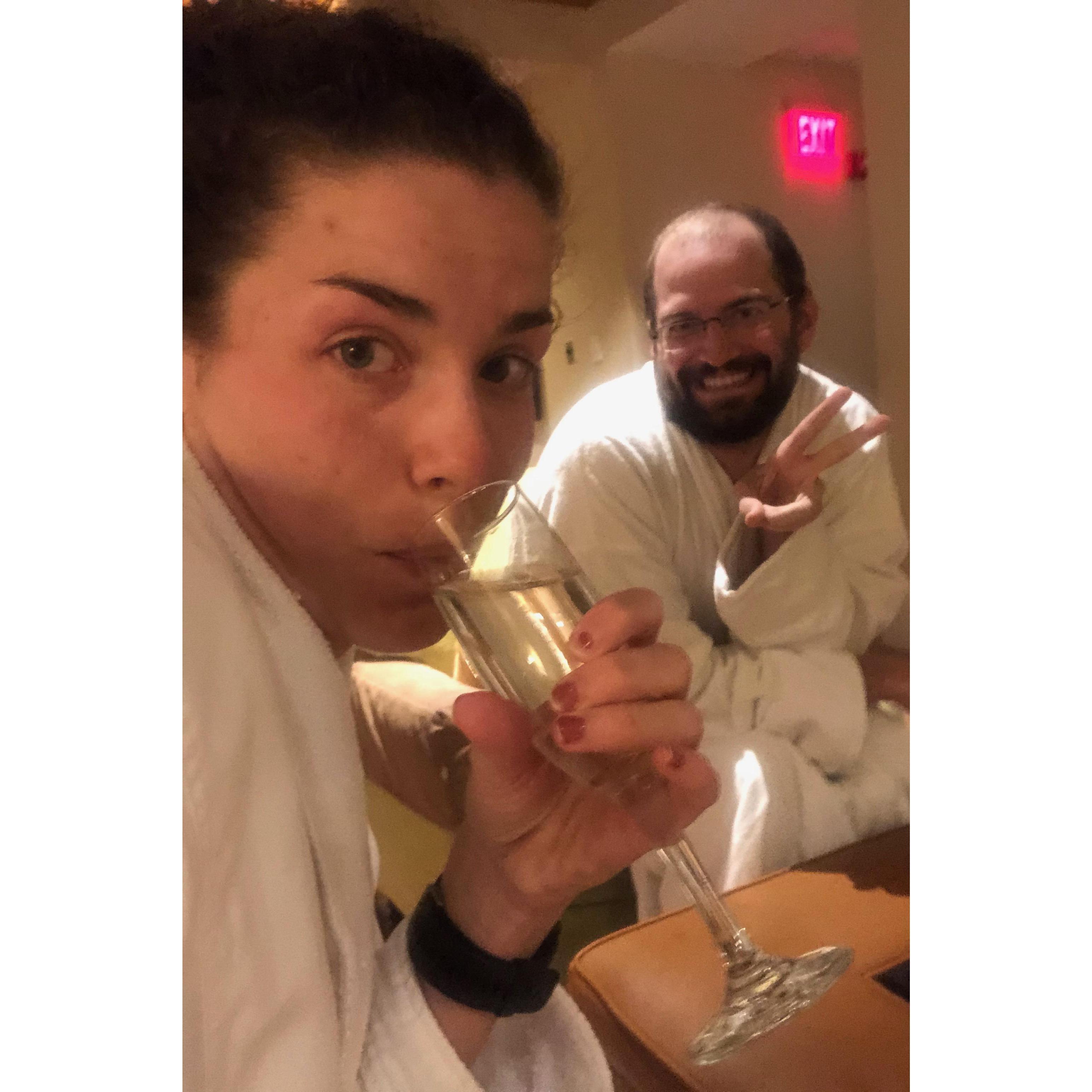 Celebrating John's "Last Good Year," aka his 29th birthday, with champagne and massages.