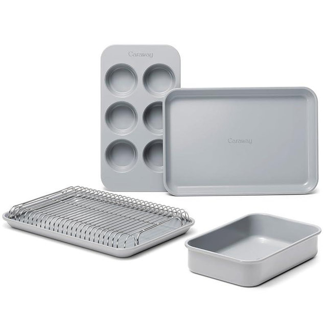 Caraway Mini Bakeware Set – Naturally Non-Stick, Non-Toxic Ceramic Coating – Compact Baking Pans Set for Small Kitchens & Ovens – Includes Baking Sheets, Muffin Pan, Cooling Rack & Storage - Gray