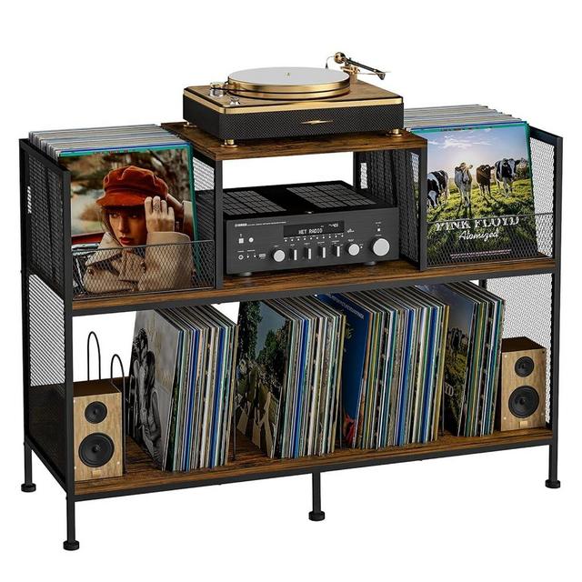 Vintage Vinyl Record Storage Stand – Large Capacity for 350 Albums, 4 Adjustable Dividers, Stylish Mid-Century Design with Extra Top and Middle Spaces, Sturdy and Durable (Patent Pending)