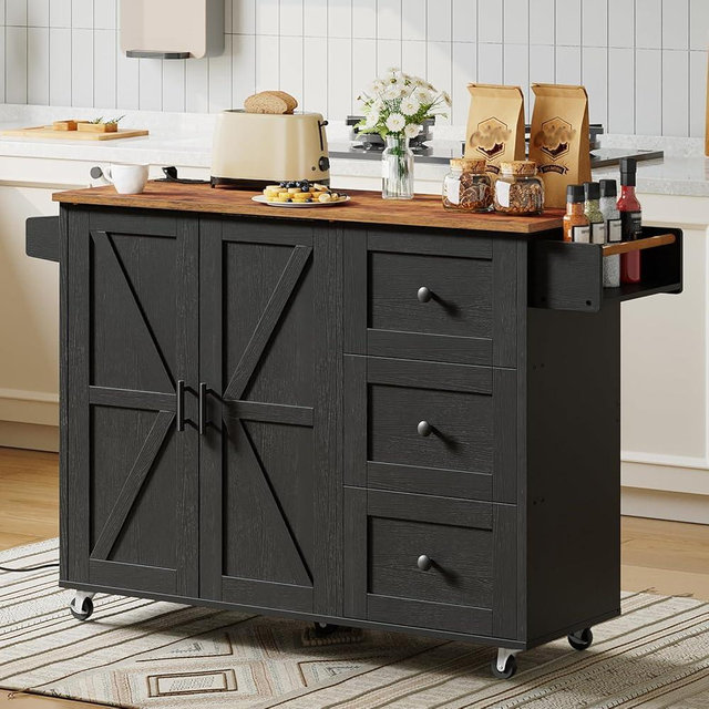 HOOBRO Kitchen Island with Power Outlet, Kitchen Island on Wheels, Rolling Island Cart with 3 Drawers, Storage Cabinet and Adjustable Shelf, for Living & Dining Room, Black and Rustic Brown BF15UZD01
