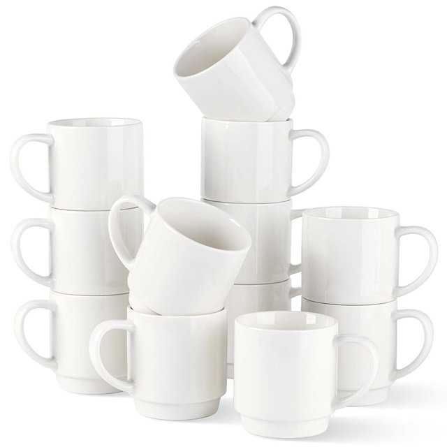 GBhome 11 OZ Stackable Coffee Mugs, Ceramic Coffee Mugs with Large Handle for Man, Woman, Light Weight Coffee Mugs Set of 12 for Latte/Cappuccino/Cocoa/Milk, Dishwasher & Microwave Safe, Off White