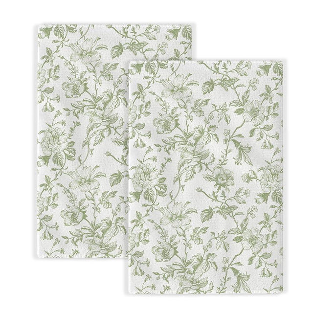 JEFERSO Sage Green Floral Kitchen Towels Light Green Flower Chinoiserie Dish Towels, 16x24 Inch Seasonal Spring Summer Toile Decoration Absorbent Hand Towels for Home Kitchen Dinner Drying Set of 2