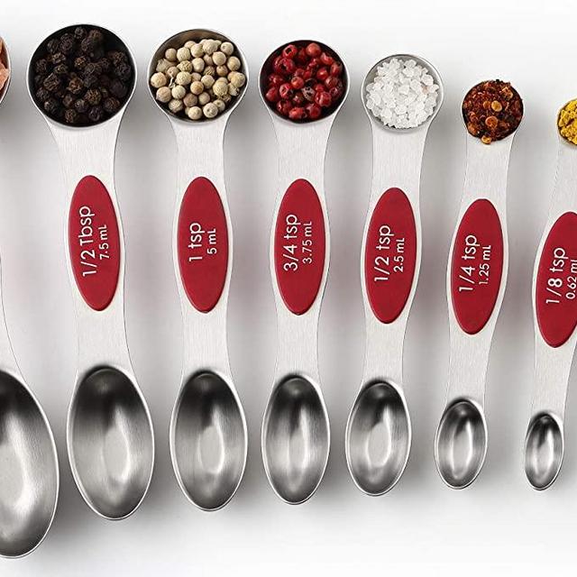 Spring Chef Magnetic Measuring Spoons Set, Dual Sided, Stainless Steel, Fits in Spice Jars, Red, Set of 8