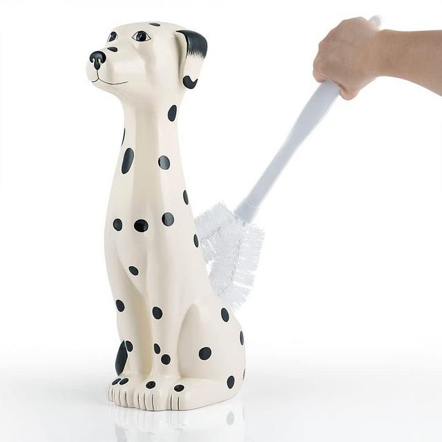 Allure Home Creation Dalmatian Dog White & Black 2-Piece Ceramic Toilet Brush Holder w/White Plastic Handled Scrub Brush, 7” x 5.25” x 16.75”