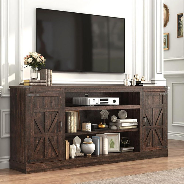 Hlivelood 75" Farmhouse TV Stand with Power Outlets for 85 Inch TVs, 33" Tall Entertainment Center with Storage Cabinets w/Adjustable Shelves, Rustic Large TV Media Console, Brown