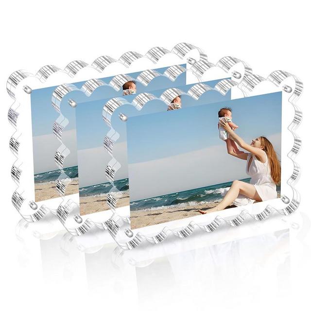 3 Pack Acrylic Picture Frame: 4x6inch Magnetic Picture Frames, Double Sided Magnet Frames,10+10mm Thick Block, Clear Photo Scalloped Frames Freestanding for Desktop Display (Clear, 4X6)