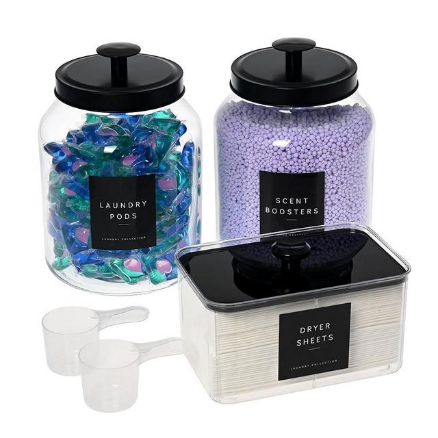 Glass Laundry Room Organization and Storage Set with Containers for Laundry Pods, Dryer Balls, Fabric Softener, Scent Booster Acrylic Dryer Sheet Holder 2 Large Glass Jars Labels and Scoops (3)