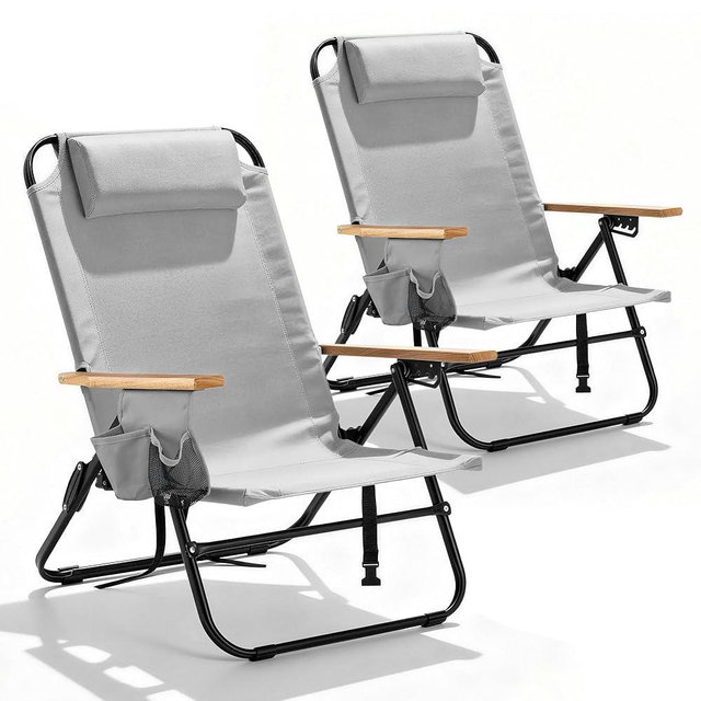 Canpsky 2 Pack Premium 5-Position Reclining Camping Chair - Portable Folding Lightweight Outdoor Chair with Wooden Armrests, Headrest & Pockets, 350lbs Heavy Duty for Beach, Patio, Light Grey