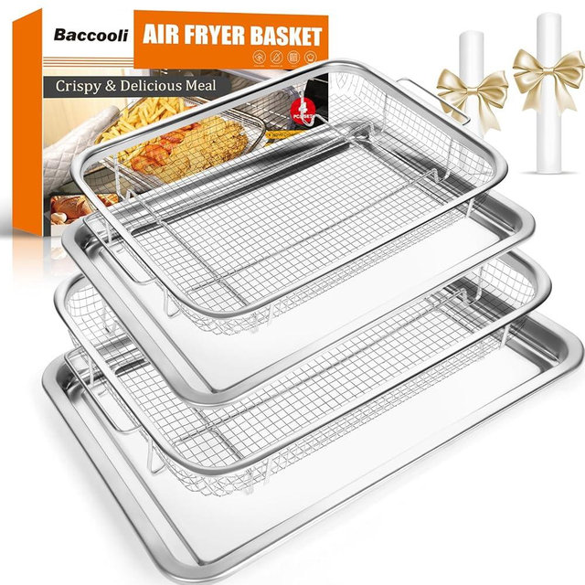 Baccooli Air Fryer Basket for Oven, Stainless Steel Oven Air Fryer Basket and Tray Set, 2 Pack Air Fryer Pan Rack with 100 Pcs Parchment Papers - 15"x11" & 12.8"x9.6" (15"x11" & 12.8"x9.6")