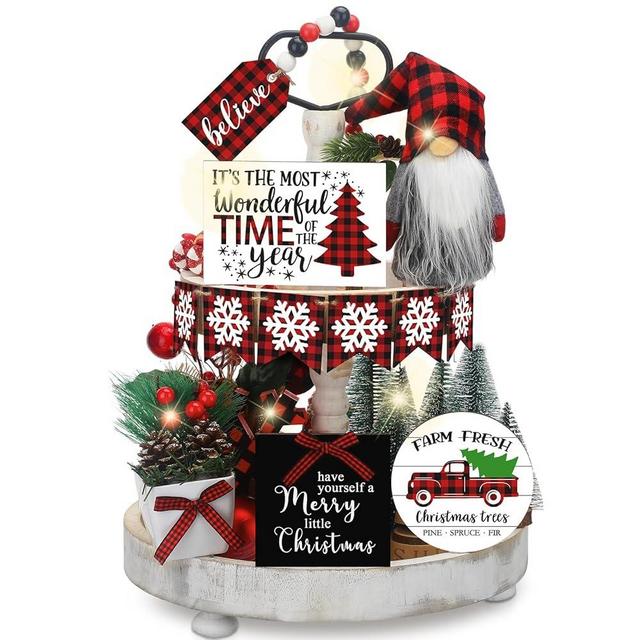 16 Pcs Winter Rustic Tiered Tray Decor Gnome Plush Tray Decor Farmhouse Buffalo Plaid Wood Table Signs for Winter Table Centerpieces Home Decorations