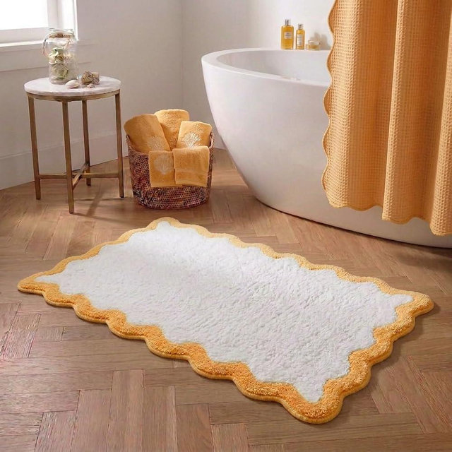 Cute Yellow Scalloped Bathroom Mat, Fun Plush Luxury Microfiber Bath Rug Aesthetic Washable Bath Mat Non-Slip for Bathroom Decor, Tub, Floor Carpet, Sink, Shower, Extra Soft, Absorbent, 24x16