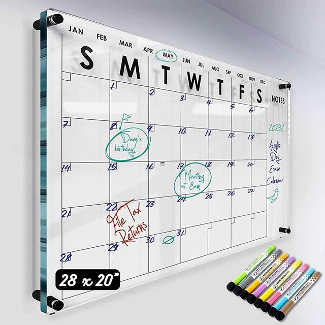 Premium Acrylic Dry Erase Wall Calendar | Large Oversize | 28" x 20" | Clear Home Office Glass Calandar Board | Big Reusable Monthly Whiteboard Family Planner | 8 Magnetic Pens & Eraser (2023-2024)