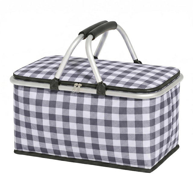 IACTIVE Insulated Picnic Basket，Collapsible Picnic Basket，30L Large Market Basket with Lid，2 Sturdy Handles，Storage Basket for Picnic，for Food Delivery，Take Outs，Market Shopping，Travel(Black Grid)