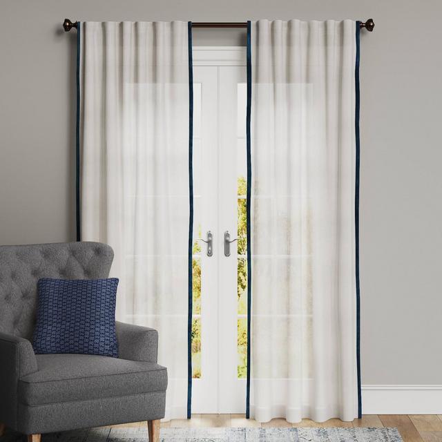 95"x50" Marlow Velvet Trim Light Filtering Curtain Panel Blue - Threshold™