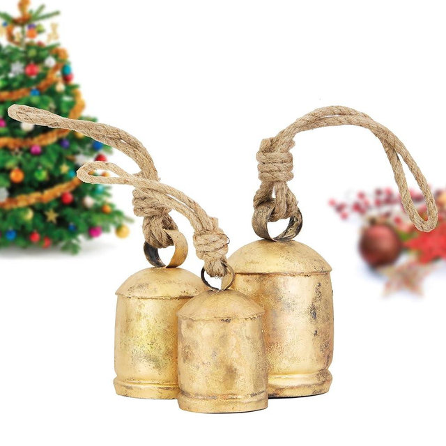 Vintage Rustic Cow Bell Christmas Bell Set - Shabby Chic Holiday Decor - Set of 3 Bells in Various Sizes- Create a Festive Ambiance and Invite Good Luck. (Medium (3.5" 4.5" 5.5" H)