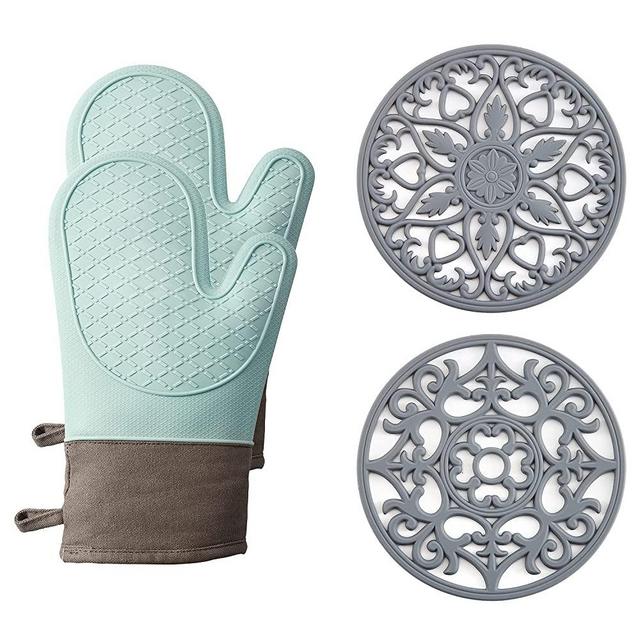 Domonic Home Oven Mitts and Pot Holders Sets, Silicone Oven Mitts Heat Resistant 600F, Soft Lining Good Grip Oven Mitts Sets, Oven Gloves and Silicone Trivet 4-Piece Set,Teal