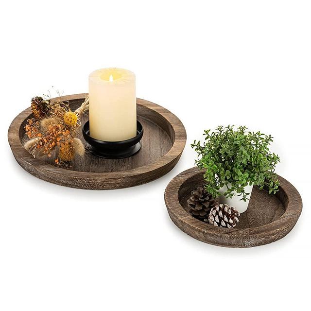 Romadedi Rustic Wooden Tray Candle Holder - Small Decorative Plate Pillar Candle Tray Wood for Farmhouse Dinning Table Kitchen Countertop Coffee Table Organizer Home Decor Wedding Centerpiece, S+L