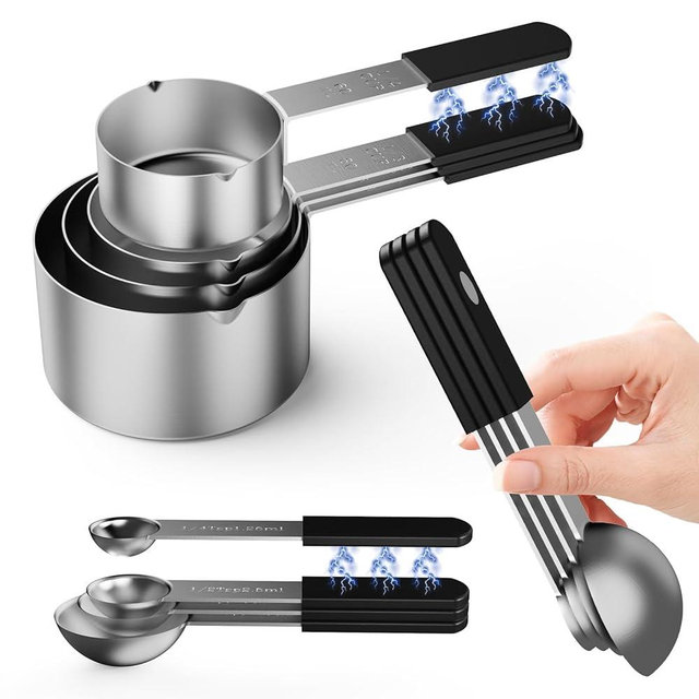 Mage Crab Magnetic Stainless Steel Measuring Cups & Spoons Set – 8-Piece Stackable Set with Engraved Measurements – Dishwasher Safe Baking Essentials