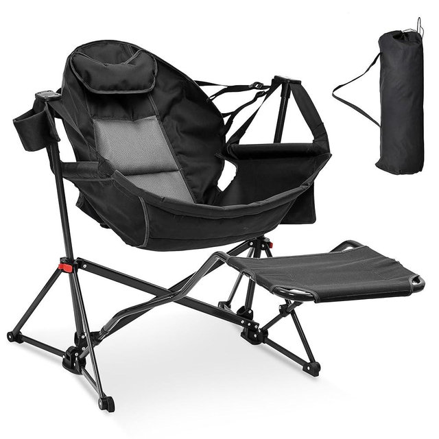 Ainfox Hammock Camping Chair with Footrest, Foldable Portable Rocking Chairs for Adults Outside Swinging Camp with Cup Holder Pillow for Outdoor Patio Poolside (Dark Black)