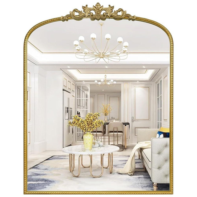 WallBeyond Gold Vintage Mirror for Vanity 28x36 Inch, Gold Antique Mirror with Ornate Frame, Arched Vintage Wall Mirror for Bathroom, Living Room, Fireplace, Entryway