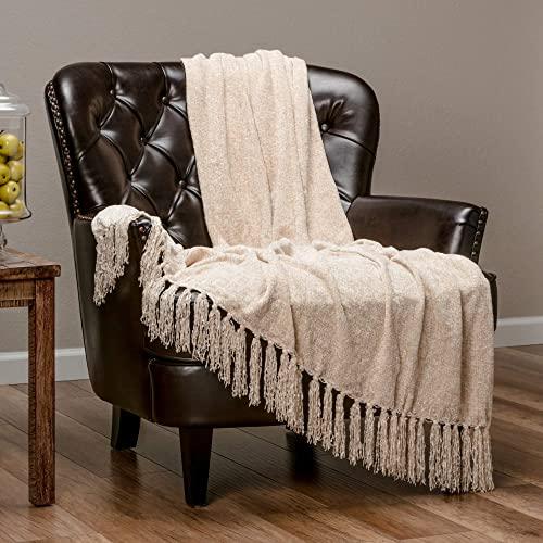 Chanasya Chenille Velvety Texture Decorative Throw Blanket with Tassels Super Soft Cozy Classy Elegant with Subtle Shimmer for Chair Couch Bed Living Bed Room Ivory Throw Blanket (50x65 Inches) Cream