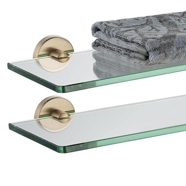 JQK Bathroom Glass Shelf, Tempered Glass Shower Storage 12 by 5 inches, 304 Stainless Steel Champagne Bronze Wall Mount 2 Pack, TGS101L12-CB-P2
