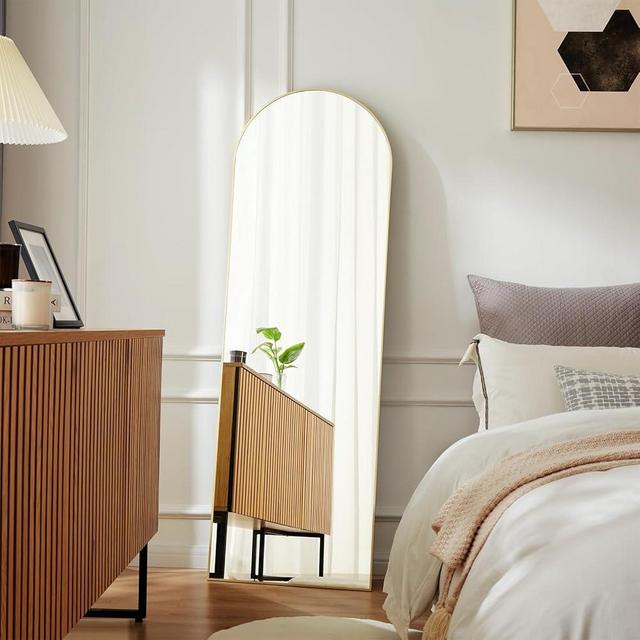 NEWBULIG Arched Full Length Mirror 64"x 21" for Bedroom, Full Body Mirror with Stand, Hanging or Leaning for Wall, Aluminum Alloy Thin Frame Floor Standing for Living Room, Long, Gold