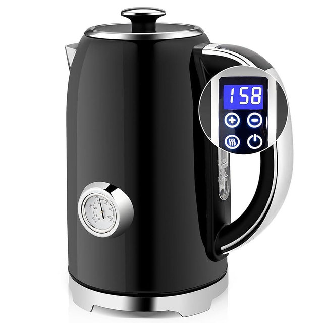 SUSTEAS Electric Kettle Temperature Control - 57oz Hot Water Boiler with Thermometer, 1500W Fast Heating Stainless Steel Tea Kettles, Cordless LED Indicator, Auto Shut-Off & Boil Dry Protection,Black