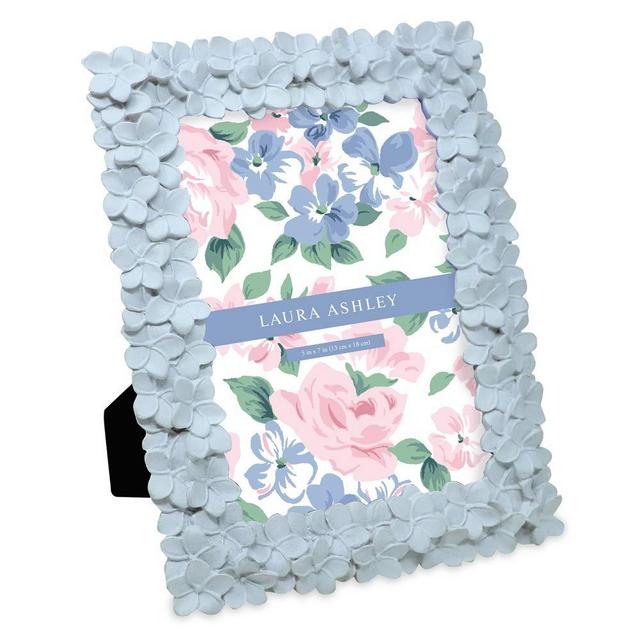 Laura Ashley 5x7 Powder Blue Flower Textured Hand-Crafted Resin Picture Frame w/Easel & Hook for Tabletop & Wall Display, Decorative Floral Design Home Décor, Photo Gallery, Art (5x7, Powder Blue)