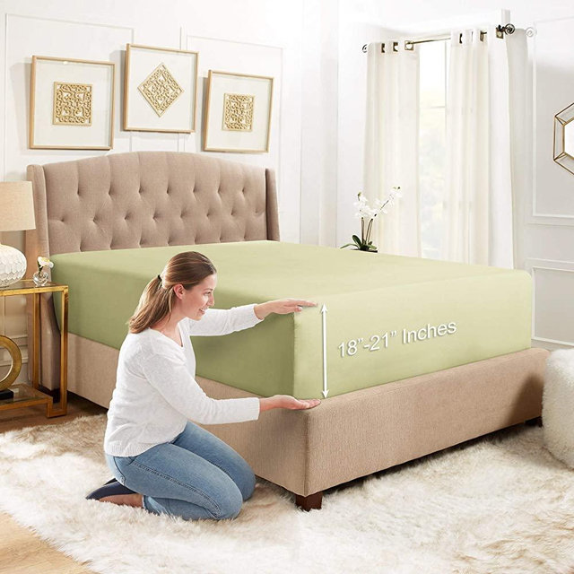 Empyrean Bedding King Size Fitted Sheet Only Deep Pocket - Extra Deep Pocket Fitted Sheet for 18-21 Inch King Bed - King Fitted Sheet Deep Pocket with Super Fit - Deep Fitted Sheets King - Sage Green
