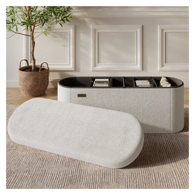 StorageBud 43” Storage Bench for Bedroom End of Bed, Boucle Oval Storage, Large Storage Ottoman Bench, Entryway Bench with Storage, White