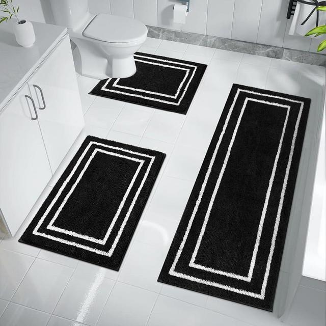 Uphome Bathroom Rug Set, 3 Piece Black Bathroom Mat Set Non Slip Machine Washable, Soft Shaggy Microfiber Absorbent Bath Mat Set with U Shaped Toilet for Tub, Shower