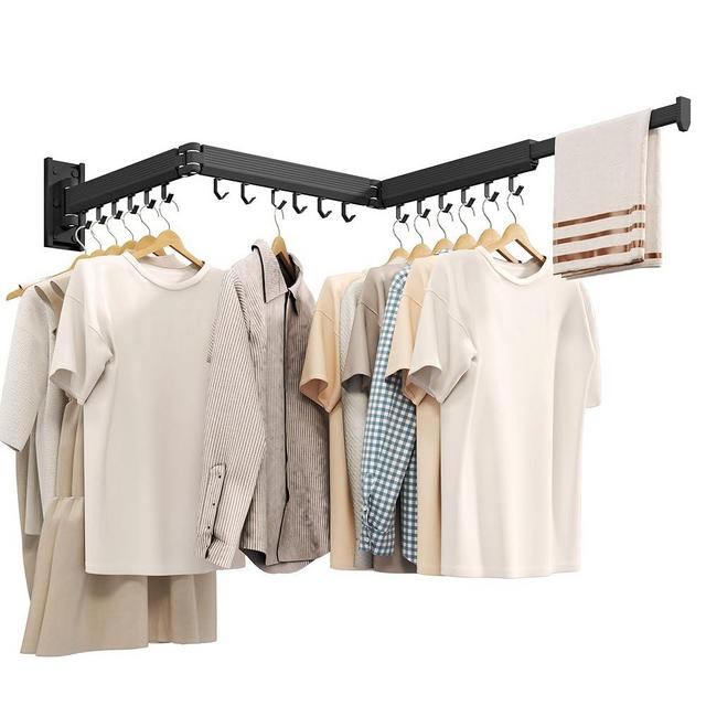 CHAHUANV Wall Mounted Clothes Drying Rack,Laundry Drying Rack Wall Mount,Laundry Clothes Hanger,Drying Rack Clothing,Retractable Laundry Rack for Hanging Clothes,Collapsible,Foldable,Black-Hooks