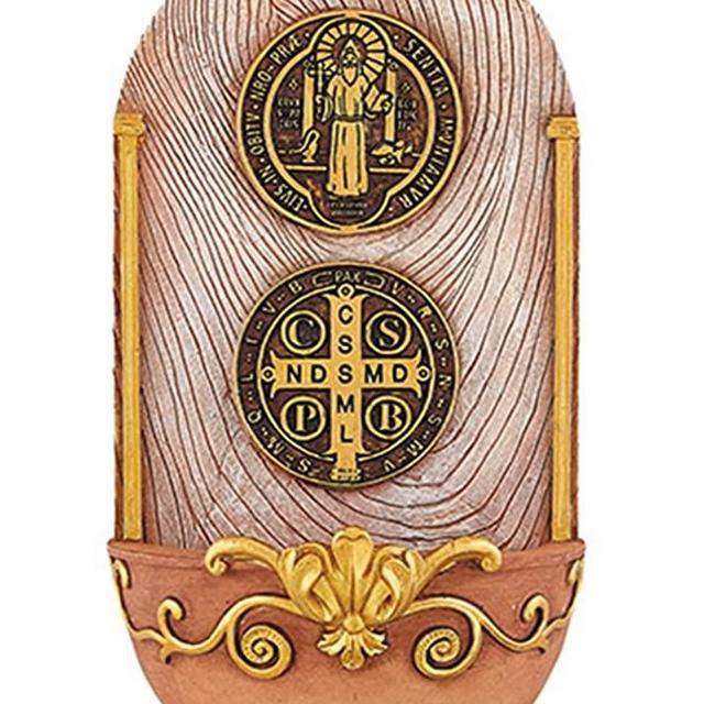 Resin Patron Saint Benedict Medal Holy Water Font, 7 1/4 Inch