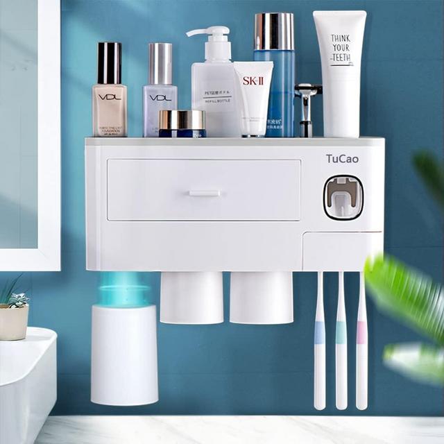 TuCao Automatic Toothpaste Dispenser Squeezer Kit with Toothbrush Holder Wall Mounted, 6 Toothbrush Slot with Cover, 3 Magnetic Cups and Cosmetic Organizer Drawer(3 Cups)