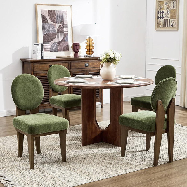 Hyfirm Mid-Century Modern Walnut Dining Chairs Set of 4, Vintage Green Wooden Kitchen Chairs, Retro Upholstered Velvet Cushioned Seat with Curved Backrest, Armless Accent Side Chair for Bedroom