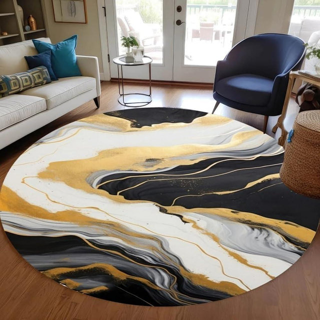 Unique Aesthetic Modern Abstract Black Gray Gold Marble Round Area Rug for Living Room Bedroom Guestroom Art Deco Luxury Circle Office Meetingroom Carpet Kitchen Nursery Playroom Floor Rug 3ft