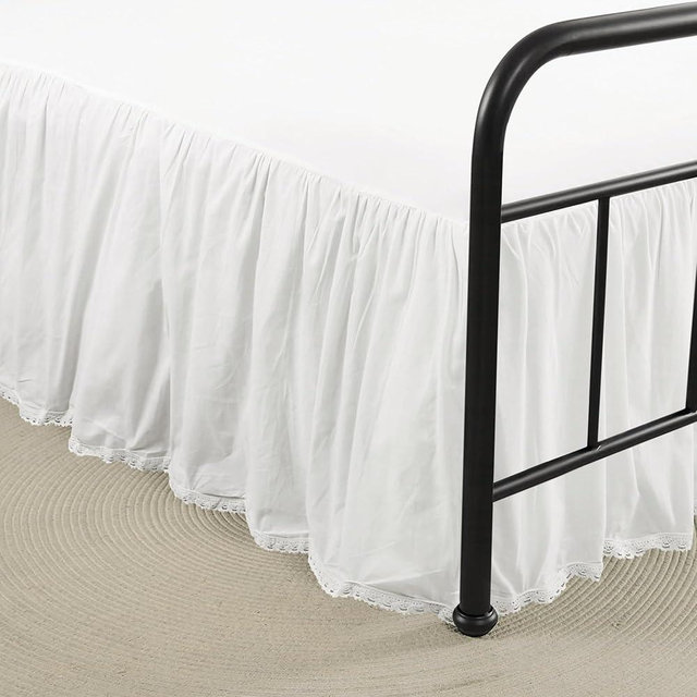 Vlocemon - Queen Size 14" Drop - White Lightweight Cotton Bed Skirt with Crochet Edge - Dust Ruffle with Split Corner - Soft, Elegant, Breathable Bedding Accessory