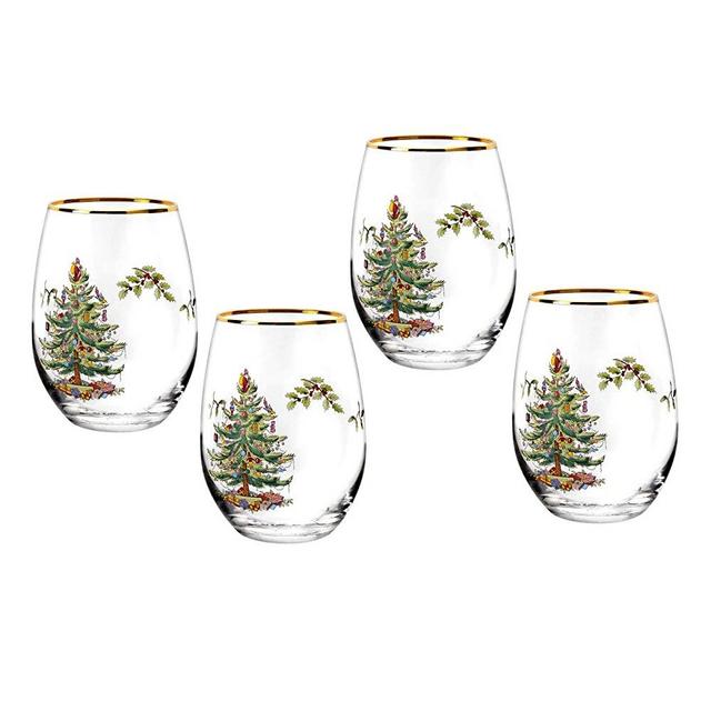 Spode Christmas Tree Stemless Wine Glasses Set of 4 19 Oz