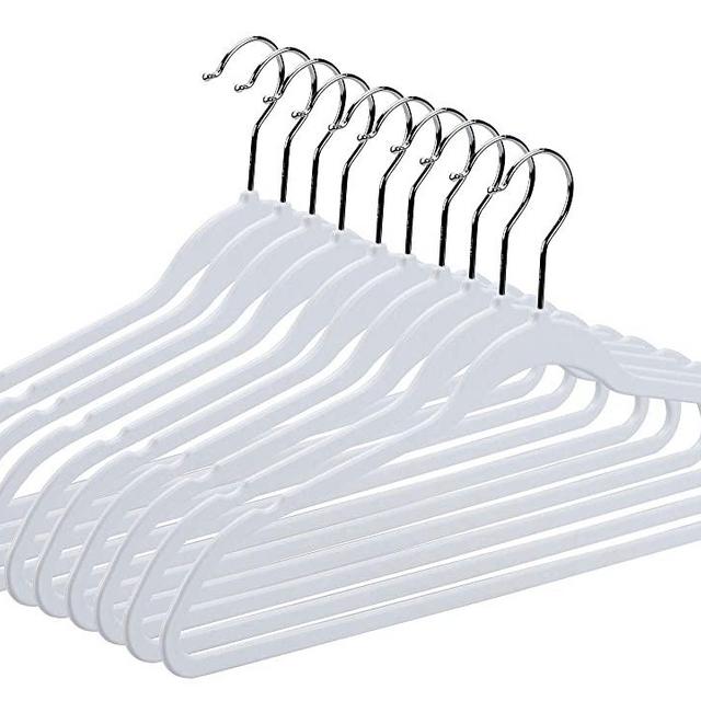 50 Quality Plastic Non Velvet Non-Flocked Thin Compact Hangers White Swivel Hook- (50)