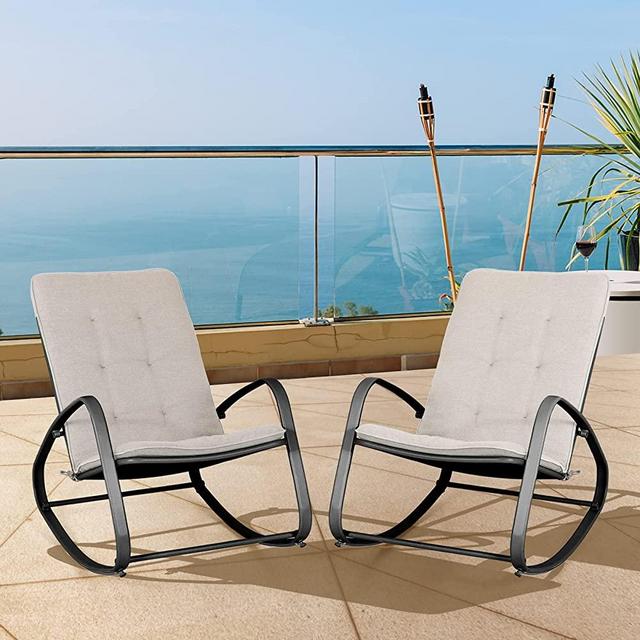 PHI VILLA Outdoor Patio Metal Rocking Chair, Padded Modern Rocker Chairs with Cushion, Support 301lbs for Porch, Deck, Balcony or Indoor Use (2PCS, Black)
