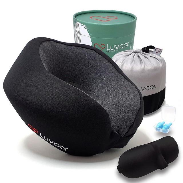 Luvcor Premium Quality Memory Foam Travel Neck Pillow Bundle - Best Ergonomic Pillow for Airplane Travel, car Ride, Sleeping. Comes with Eye mask, earplugs and Storage Bag.(Stealth Black)