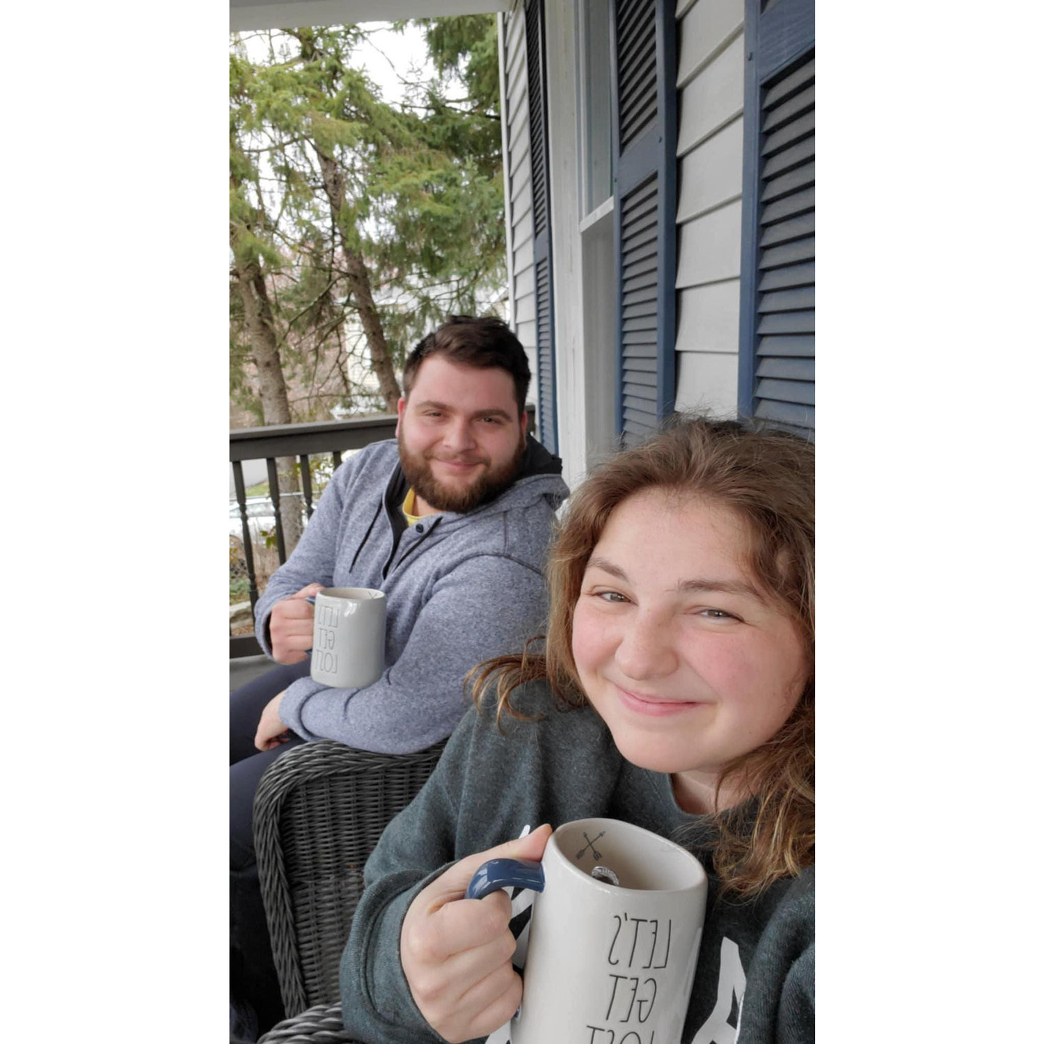 First cup of coffee on the porch of our first apartment together!
