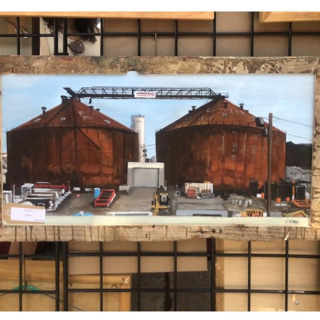 Silos By Jean Broden 12" x 24" original oil painting in a handcrafted, repurposed frame.