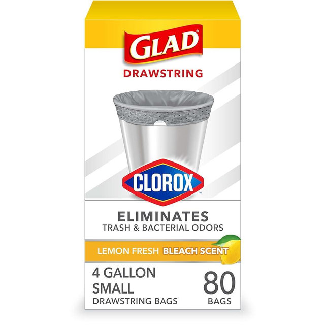 Glad Trash Bags, Small Drawstring Trash Bags with Clorox, 4 Gallon Grey Trash Bags, Lemon Fresh Bleach Scent, 80 Count (Package May Vary) (79315)