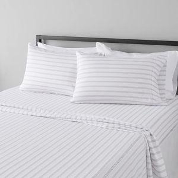 Amazon Basics Lightweight Super Soft Easy Care Microfiber 4 Piece Bed Sheet Set with 14-Inch Deep Pockets, Queen, Taupe Stripe, Striped