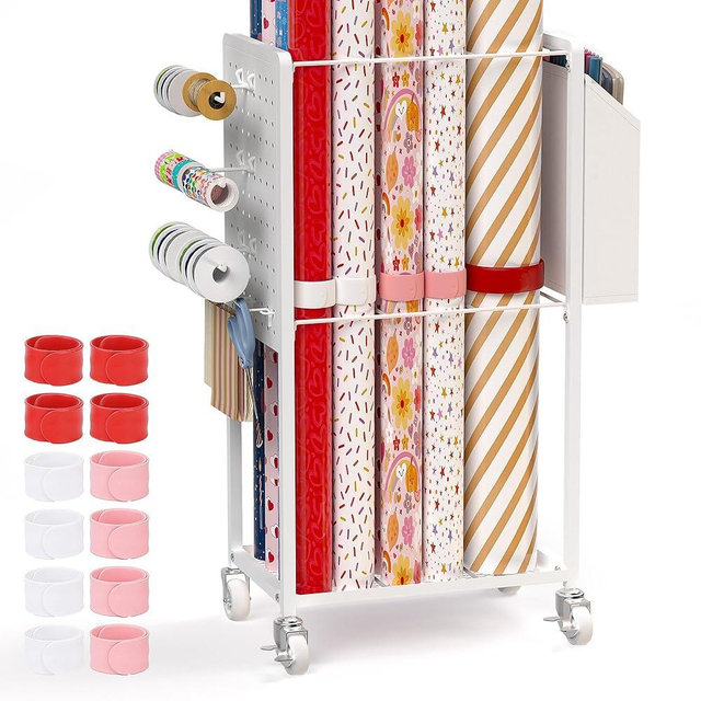 Sunnacate Wrapping Paper Organizer Cart with 12PCS Slap Bands, Rolling Gift Wrapping Organizer Storage Wrapping Paper Station Ribbon Holder, Blueprint Poster Holder, Craft Organizers and Storage