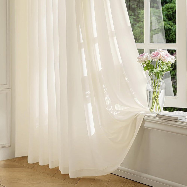 FMFUNCTEX Sheer Non-See-Through Butter Cream Curtains for Bedroom, Faux Silk That Let Light Curtains 63 inches Long Light Filtering Privacy Sheer Window Drapes for Living Room, Rod Pocket 2 Panels Set