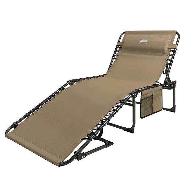 Coastrail Outdoor Chaise Lounge Chair 4 Position Folding Recliner with Pillow Bonus Pockets for Beach Patio Lawn Outdoor Pool Tanning, Up to 400lbs, Beige